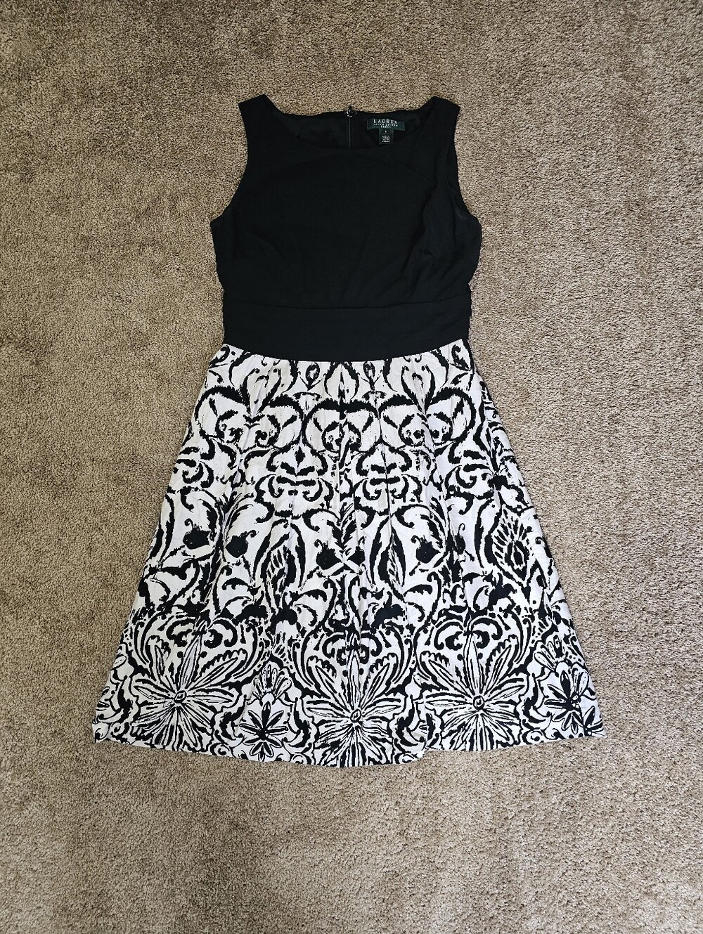 Lauren Ralph Lauren Dress Size 6 Black White Damask Print Fit Flare Sleeveless